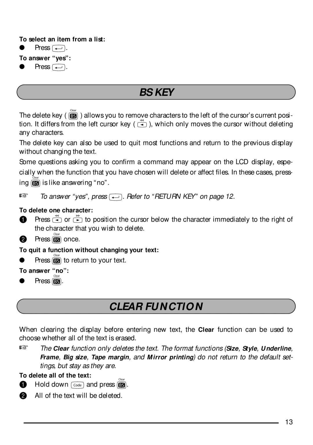 Brother P-touch 1750 manual Bs Key, Clear Function 