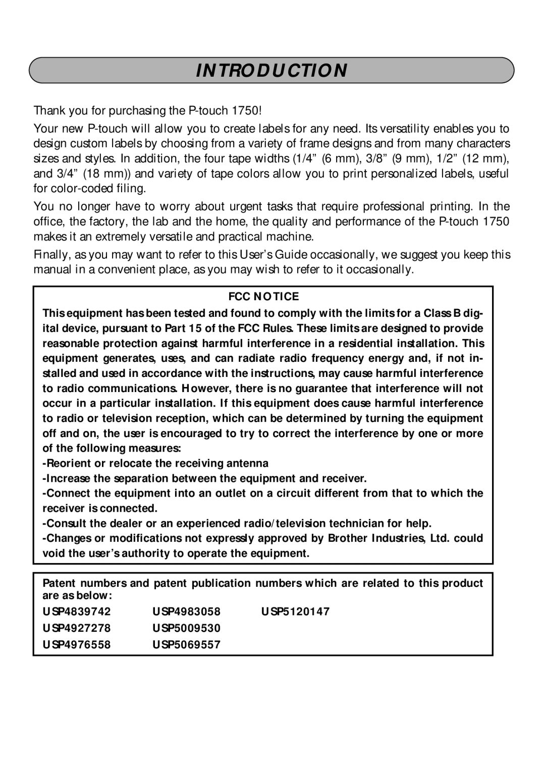 Brother P-touch 1750 manual Introduction, FCC Notice, USP4976558 