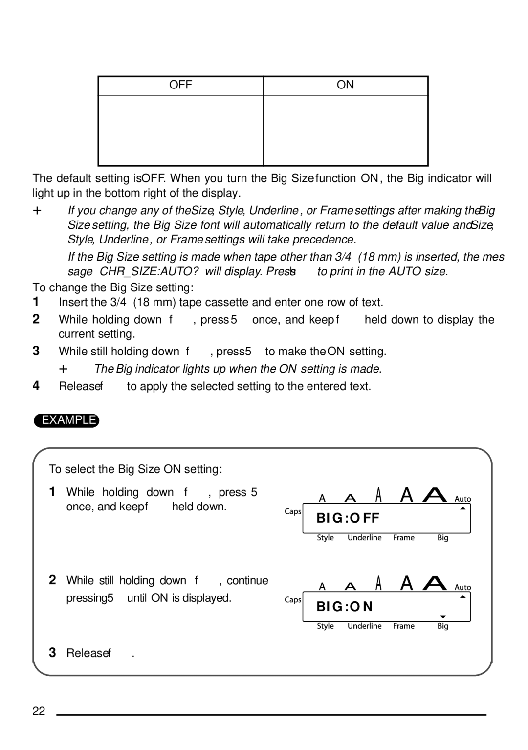 Brother P-touch 1750 manual To change the Big Size setting, To select the Big Size on setting 