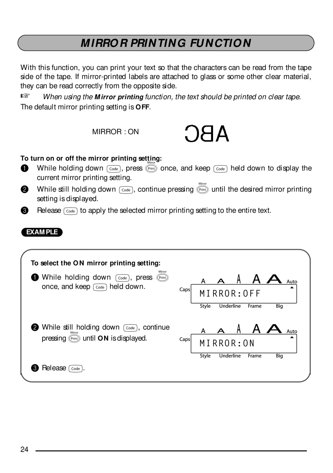 Brother P-touch 1750 manual Mirror Printing Function, To turn on or off the mirror printing setting 