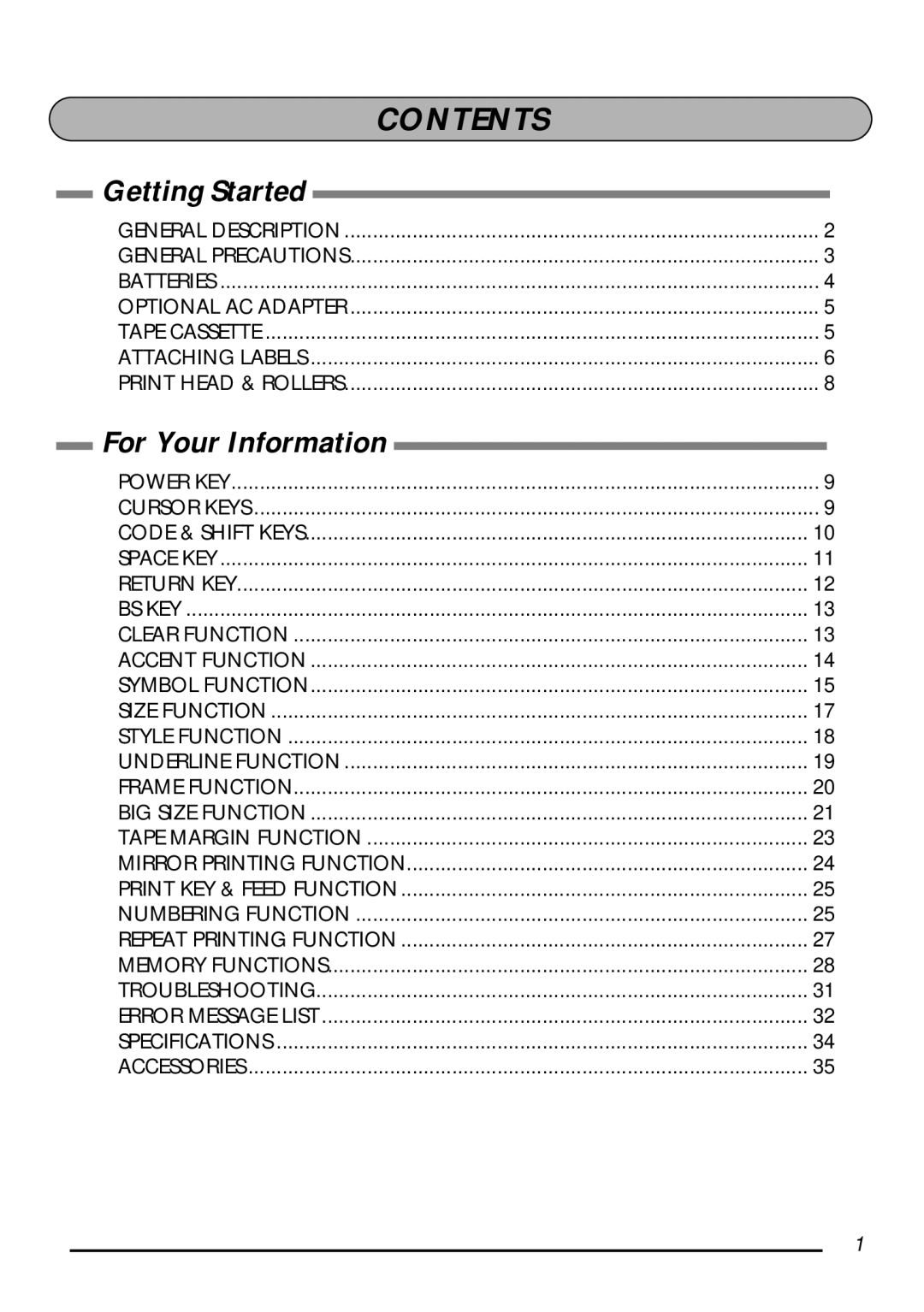 Brother P-touch 1750 manual Contents 