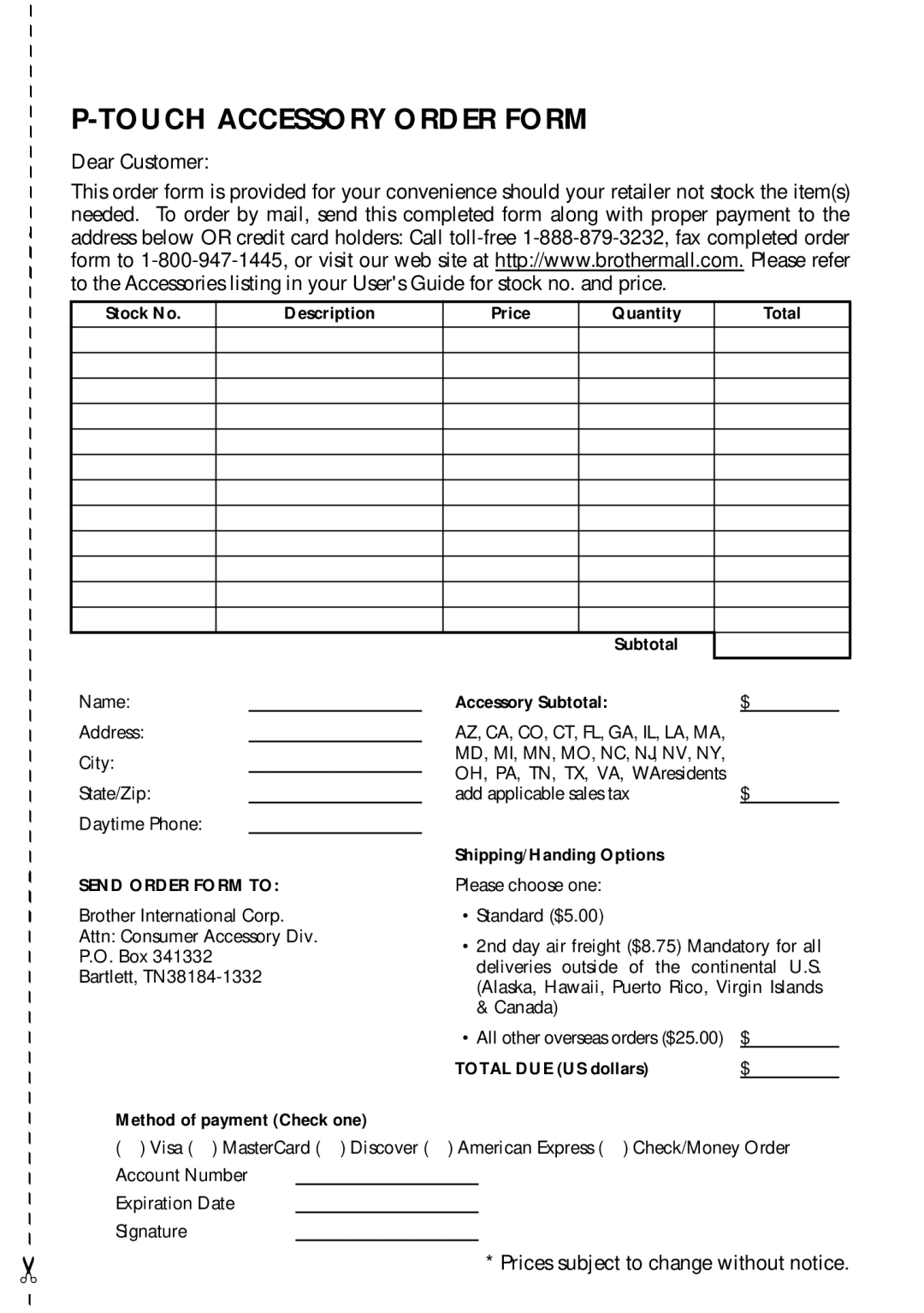 Brother P-touch 1750 manual Touch Accessory Order Form 