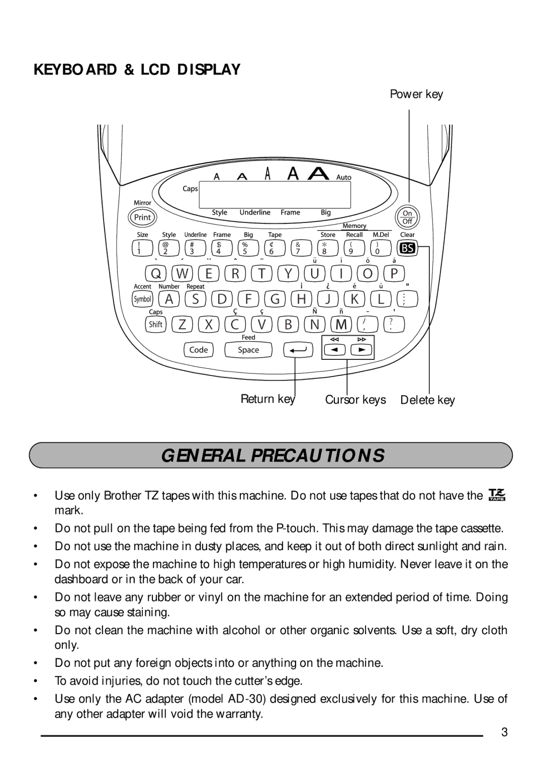 Brother P-touch 1750 manual General Precautions 