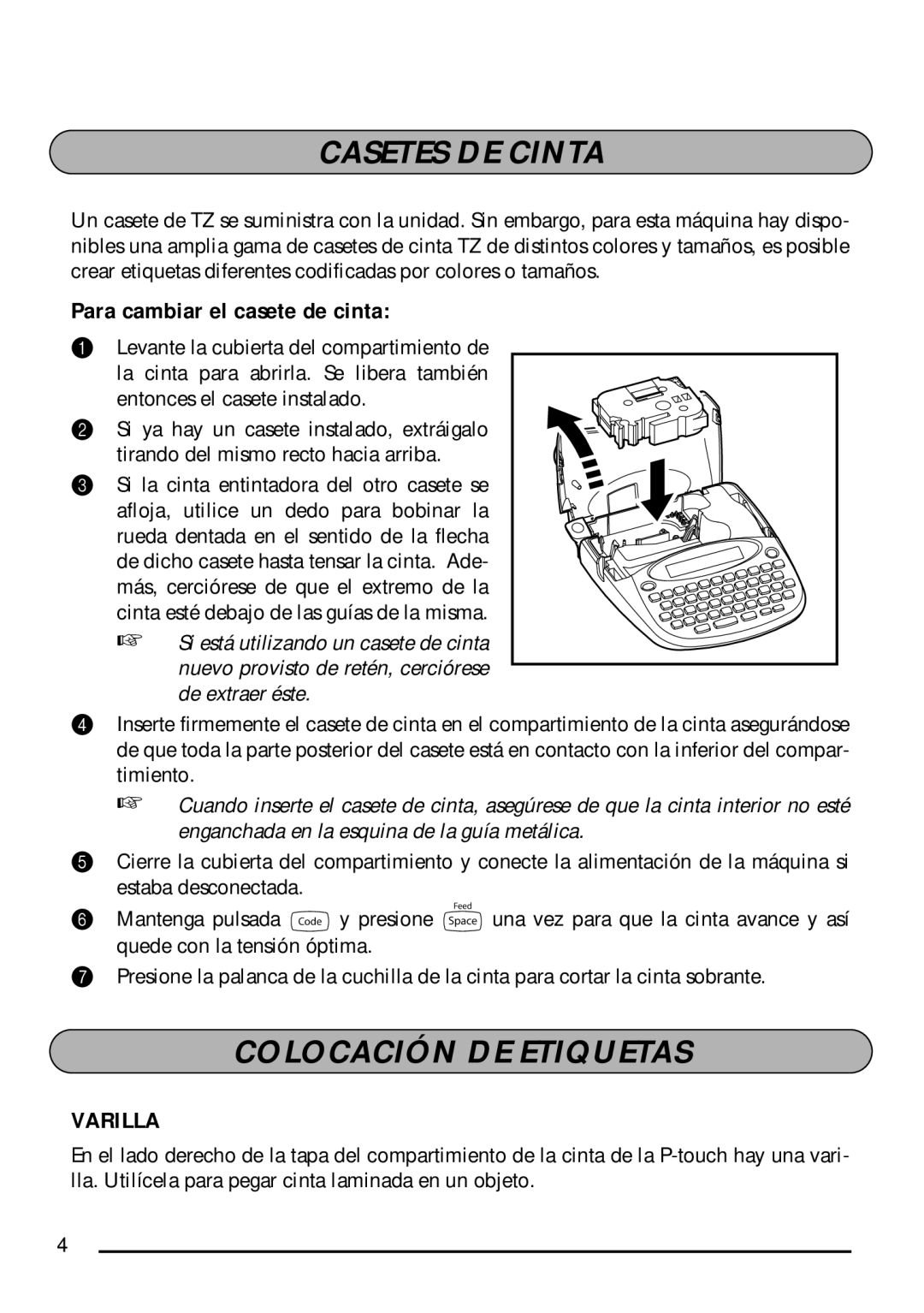 Brother P-touch 1750 manual Casetes DE Cinta, Colocación DE Etiquetas, Varilla 