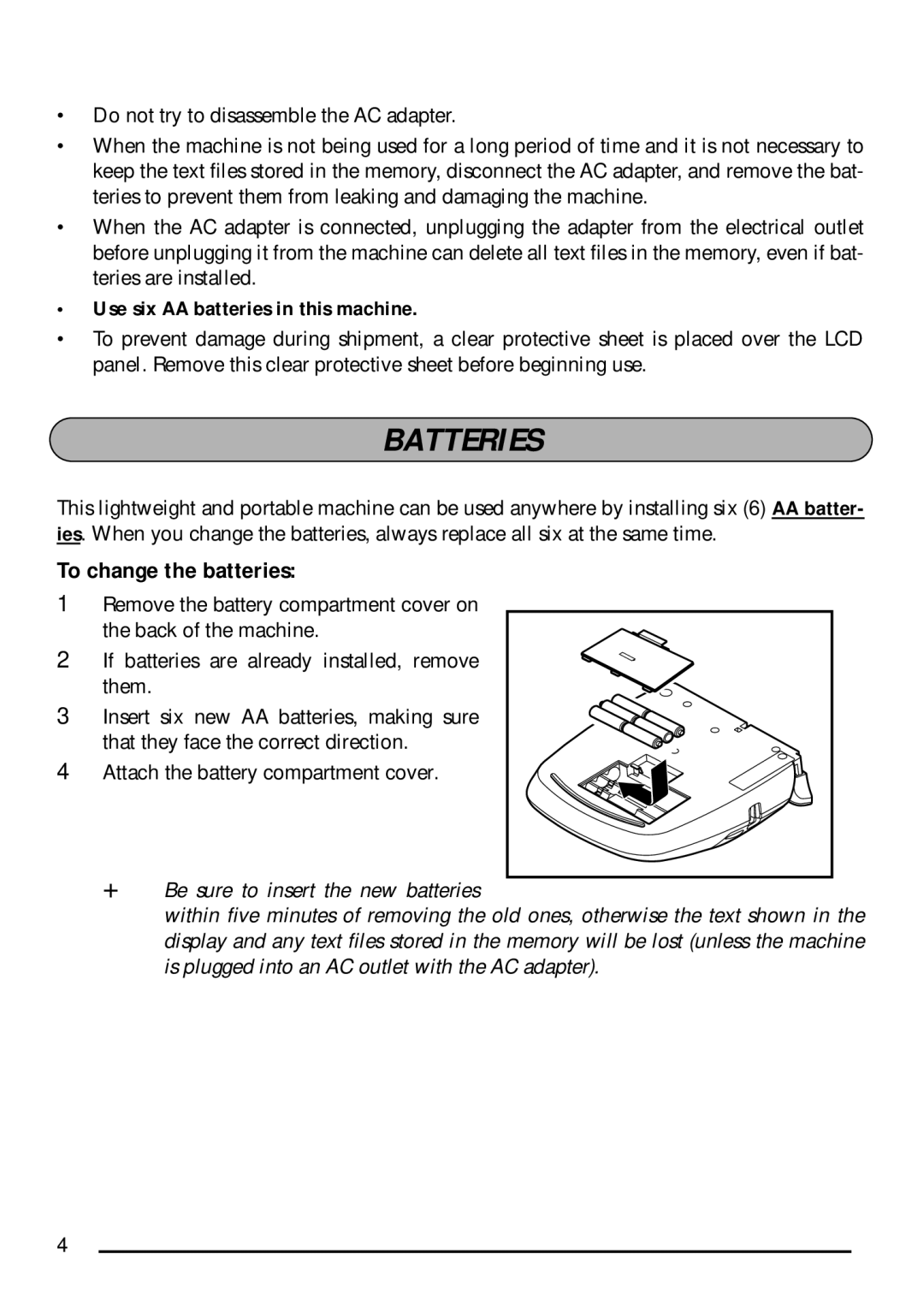 Brother P-touch 1750 manual Batteries, Use six AA batteries in this machine 