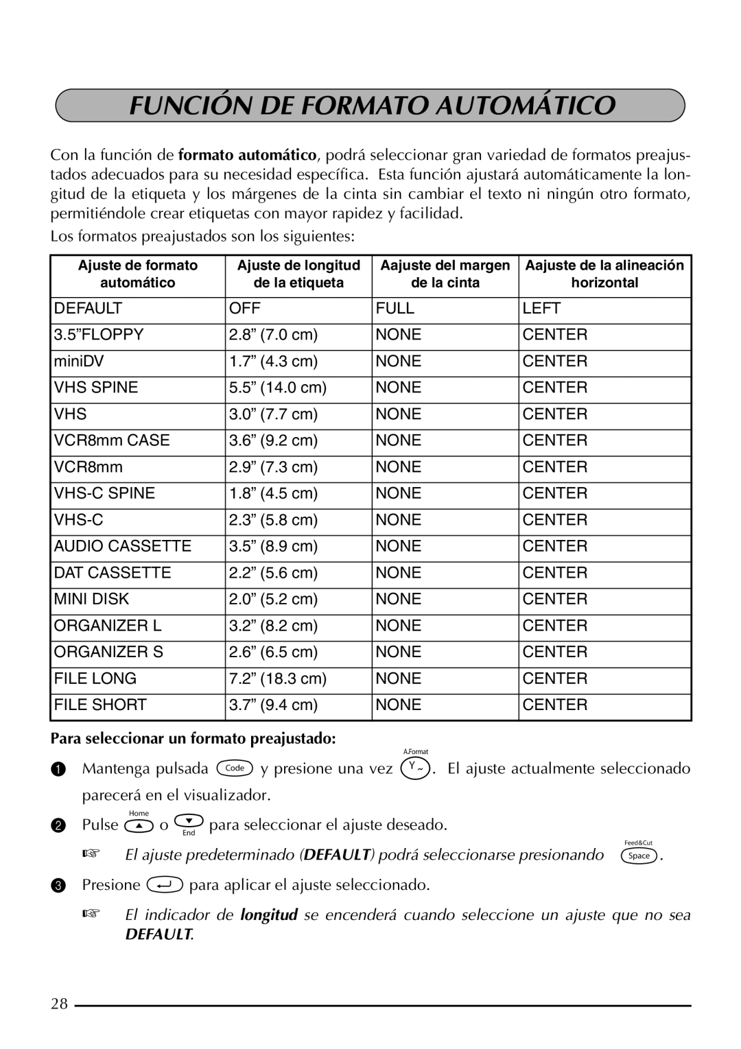 Brother P-touch 2310, P-touch 2300 manual Función DE Formato Automático, Para seleccionar un formato preajustado 