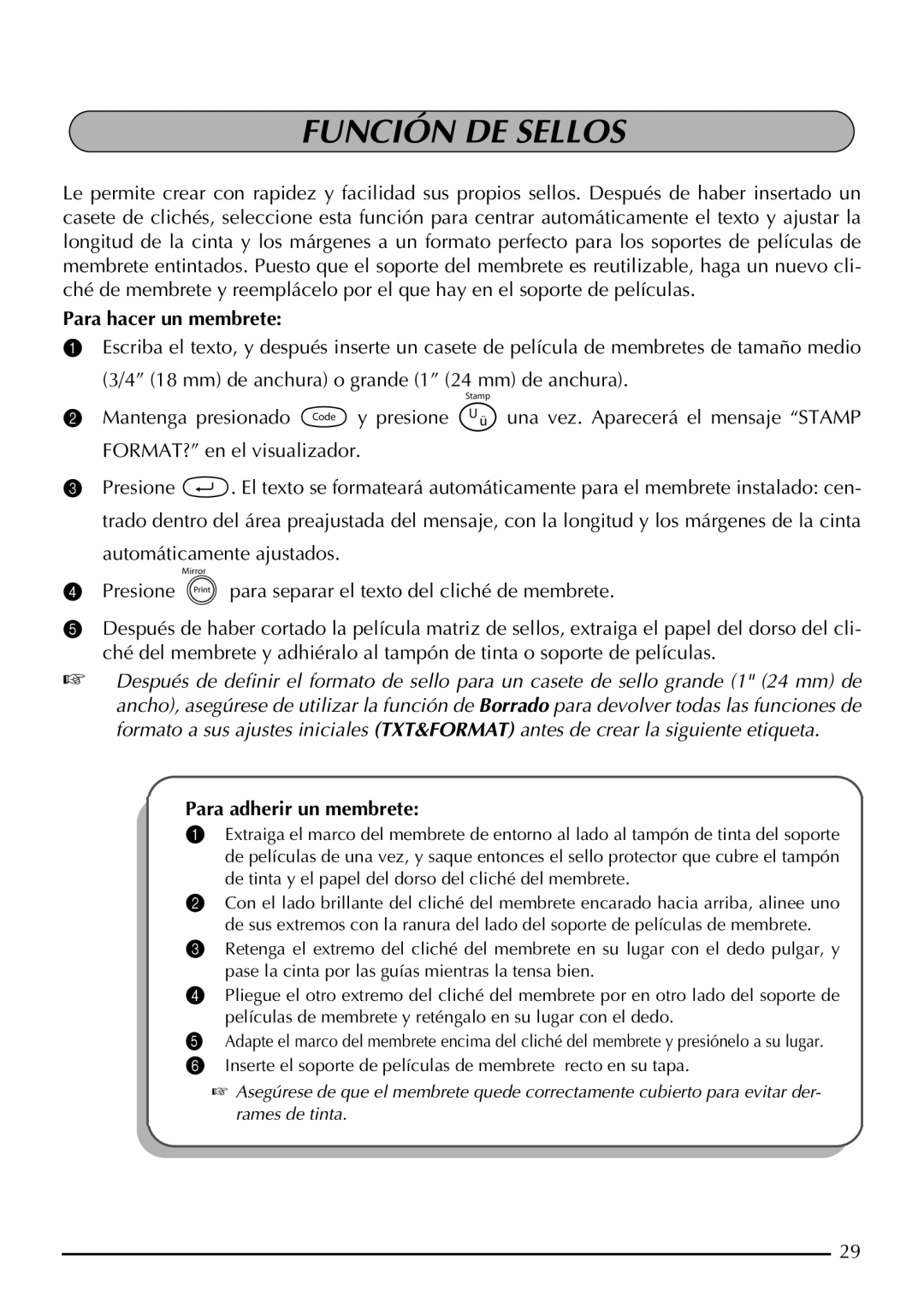 Brother P-touch 2300, P-touch 2310 manual Función DE Sellos, Para hacer un membrete, Para adherir un membrete 
