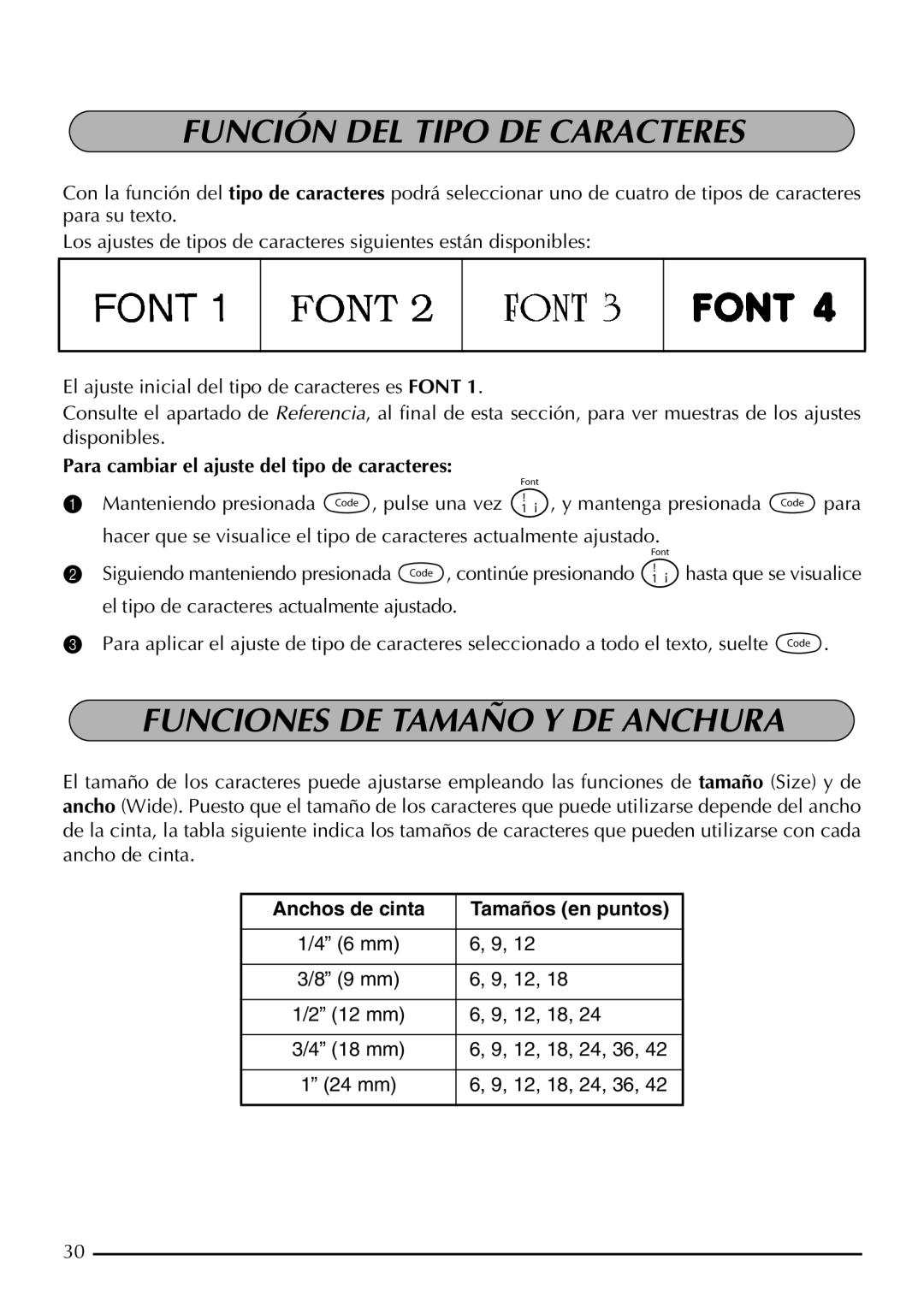 Brother P-touch 2310, P-touch 2300 manual Función DEL Tipo DE Caracteres, Funciones DE Tamaño Y DE Anchura 