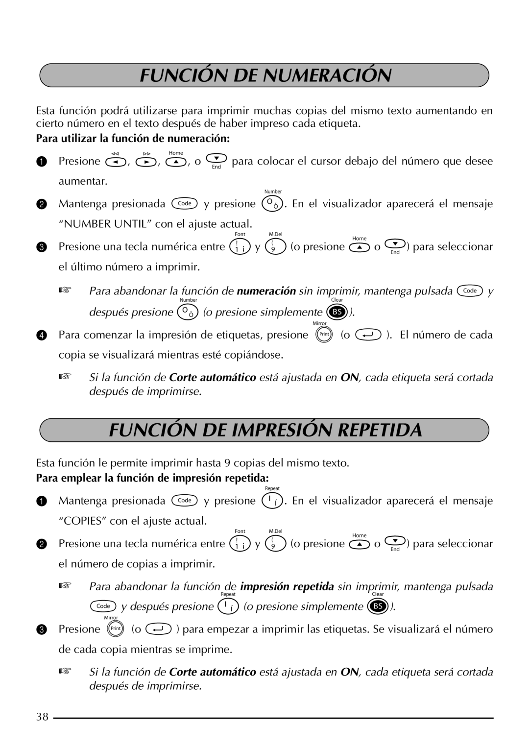 Brother P-touch 2310 manual Función DE Numeración, Función DE Impresión Repetida, Para utilizar la función de numeración 