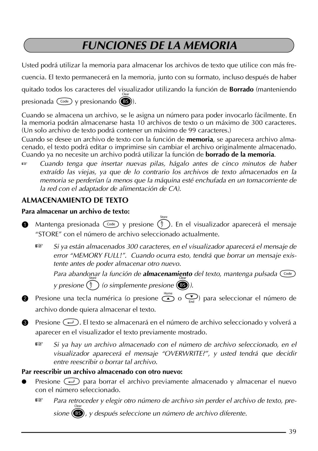 Brother P-touch 2300, P-touch 2310 Funciones DE LA Memoria, Almacenamiento DE Texto, Para almacenar un archivo de texto 