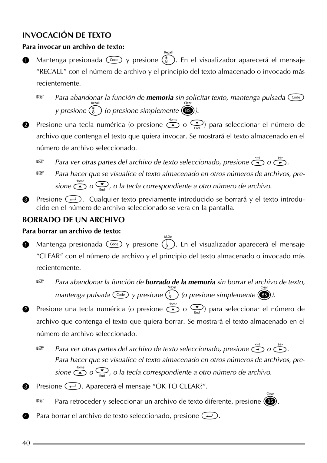 Brother P-touch 2310, P-touch 2300 manual Invocación DE Texto, Borrado DE UN Archivo, Para invocar un archivo de texto 