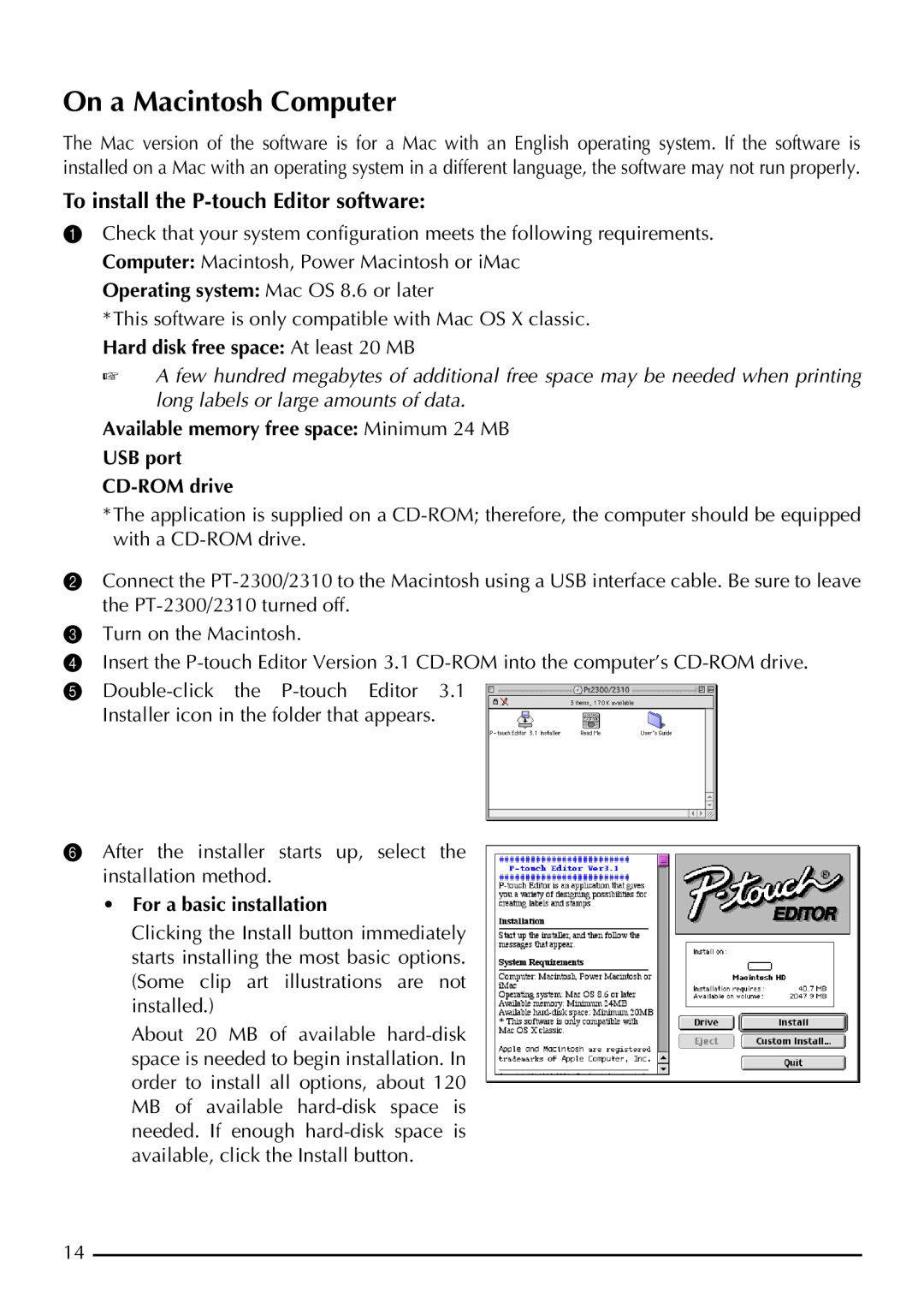 Brother P-touch 2300, P-touch 2310 manual On a Macintosh Computer, For a basic installation 