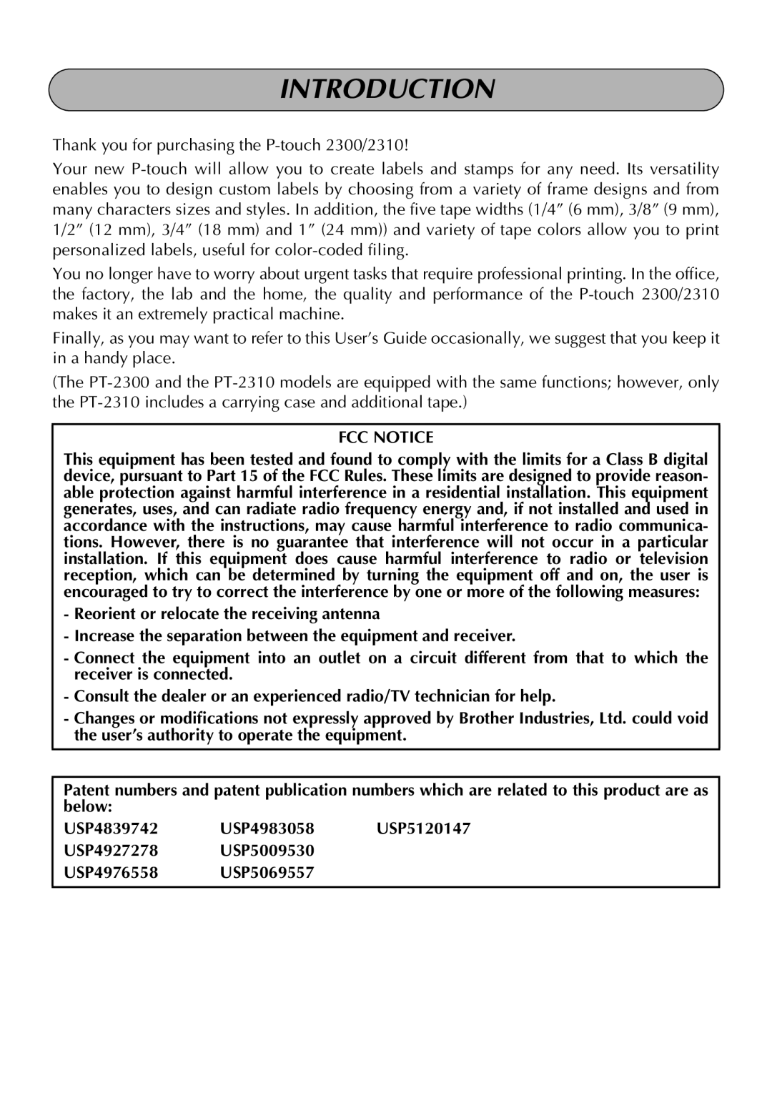 Brother P-touch 2300, P-touch 2310 manual Introduction, FCC Notice 