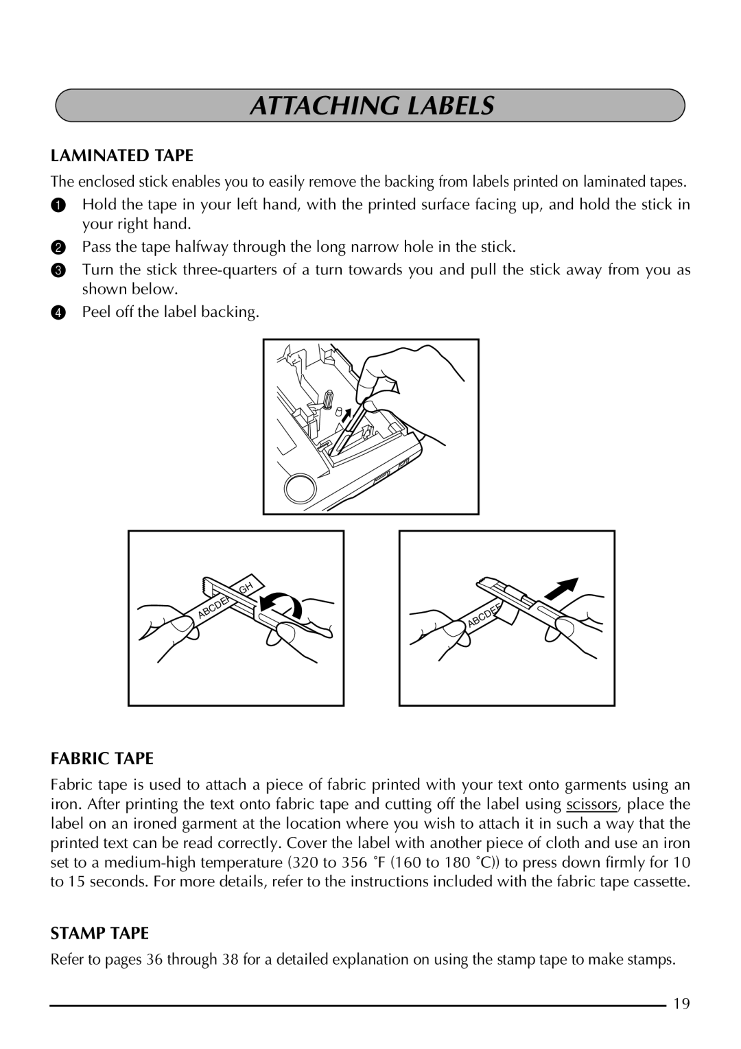 Brother P-touch 2310, P-touch 2300 manual Attaching Labels, Laminated Tape, Fabric Tape, Stamp Tape 