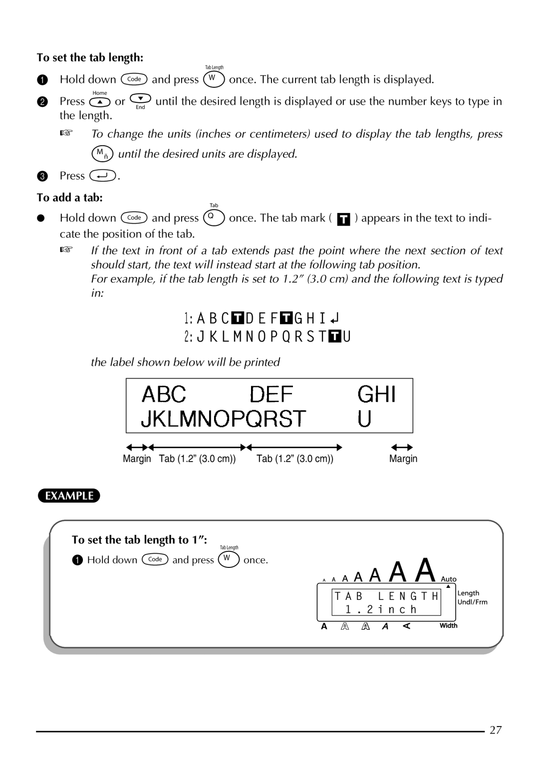 Brother P-touch 2310, P-touch 2300 manual To add a tab, To set the tab length to 