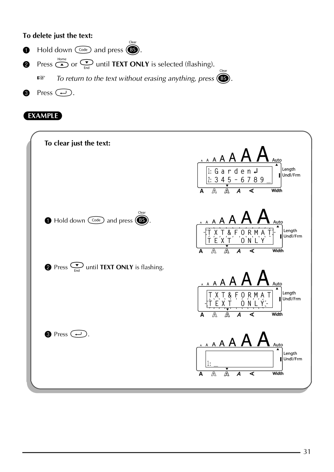 Brother P-touch 2310, P-touch 2300 manual To delete just the text, To clear just the text 