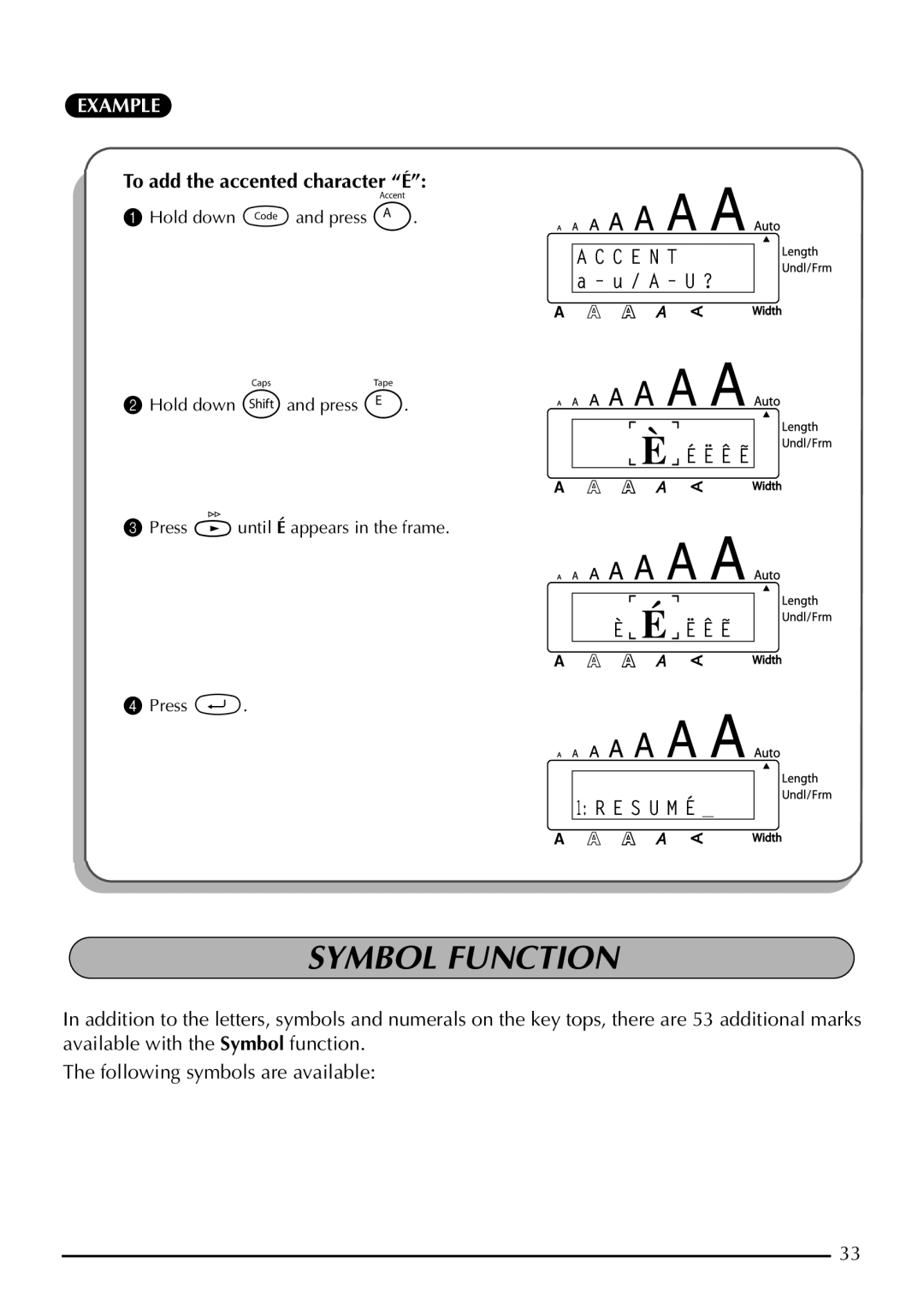 Brother P-touch 2310, P-touch 2300 manual Symbol Function, C E N T 