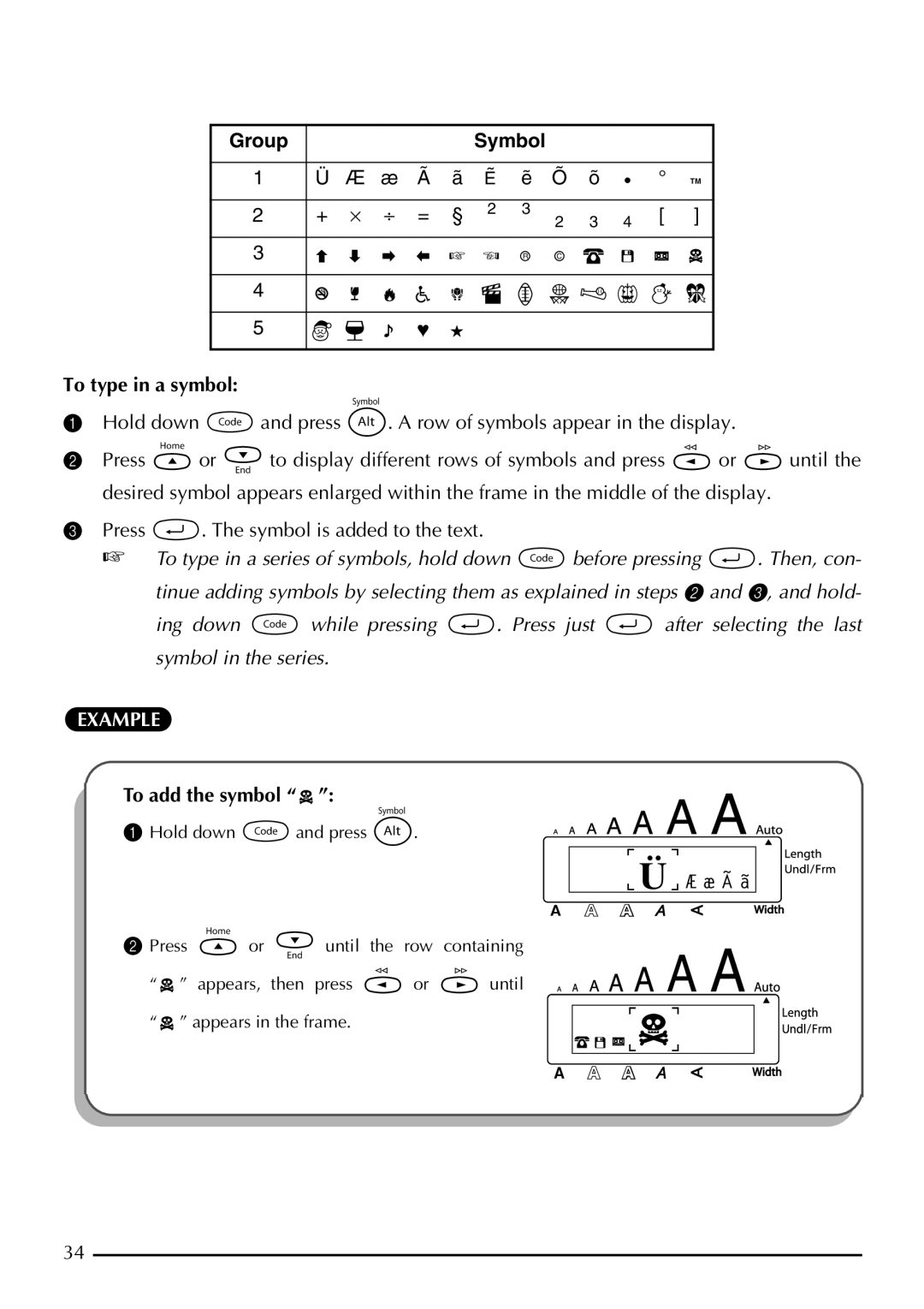 Brother P-touch 2300, P-touch 2310 manual To type in a symbol, To add the symbol 