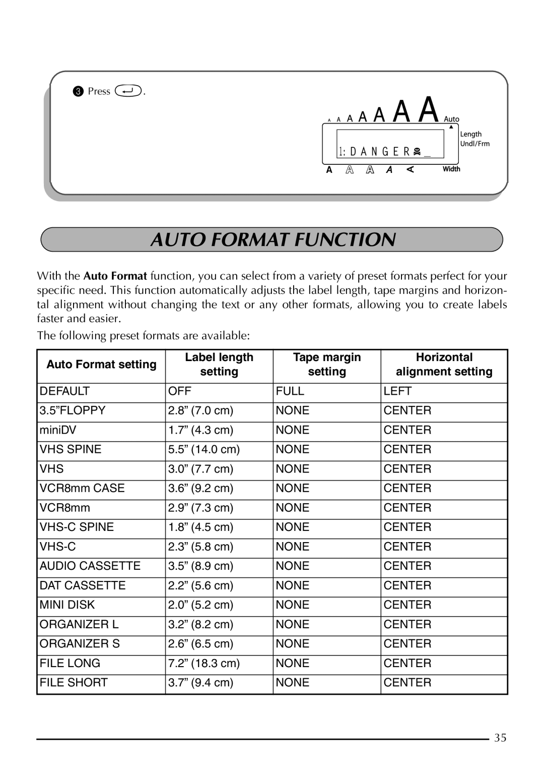 Brother P-touch 2310, P-touch 2300 manual Auto Format Function 