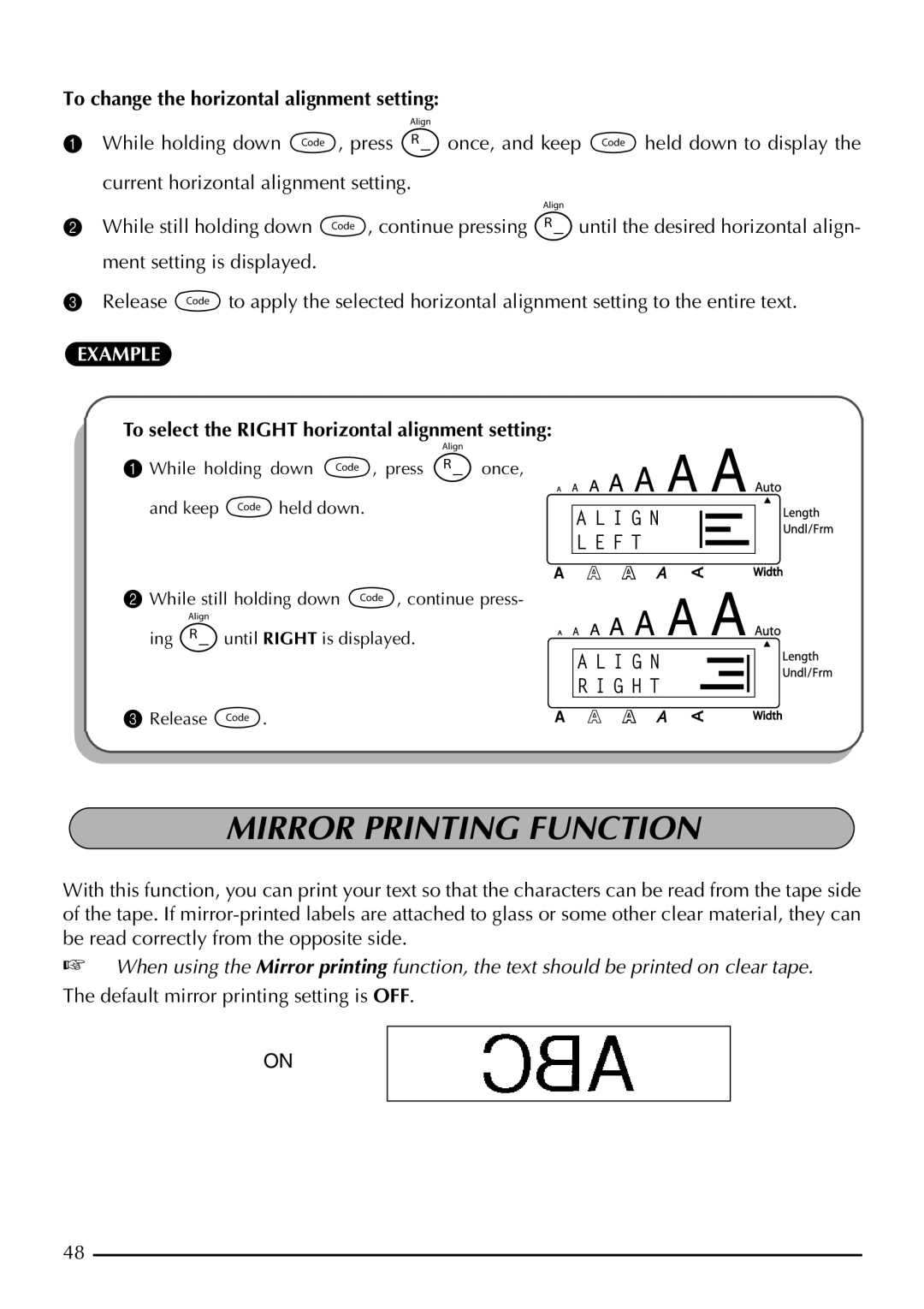 Brother P-touch 2300, P-touch 2310 manual Mirror Printing Function, To change the horizontal alignment setting 