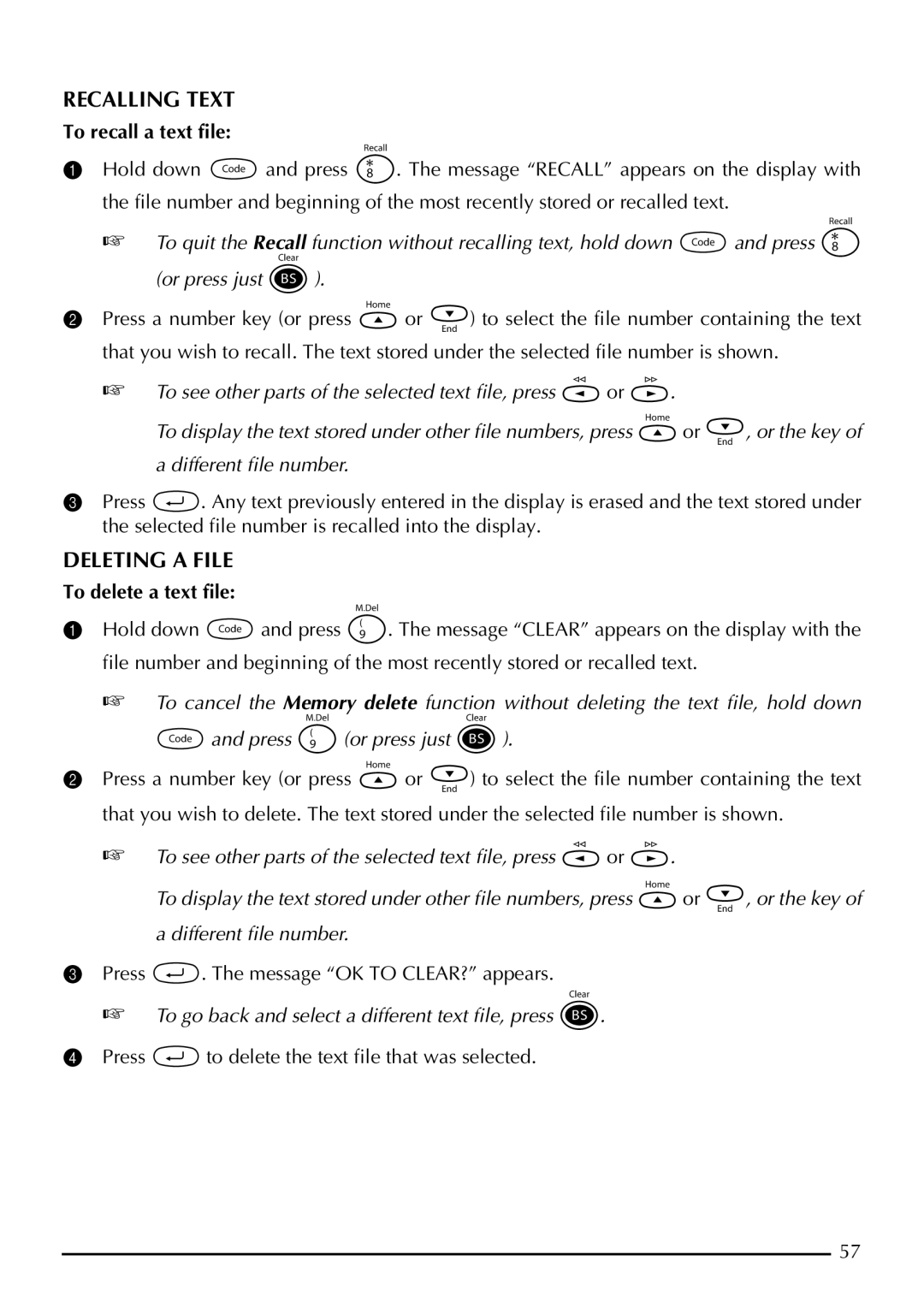 Brother P-touch 2310, P-touch 2300 manual Recalling Text, Deleting a File, To recall a text file, To delete a text file 