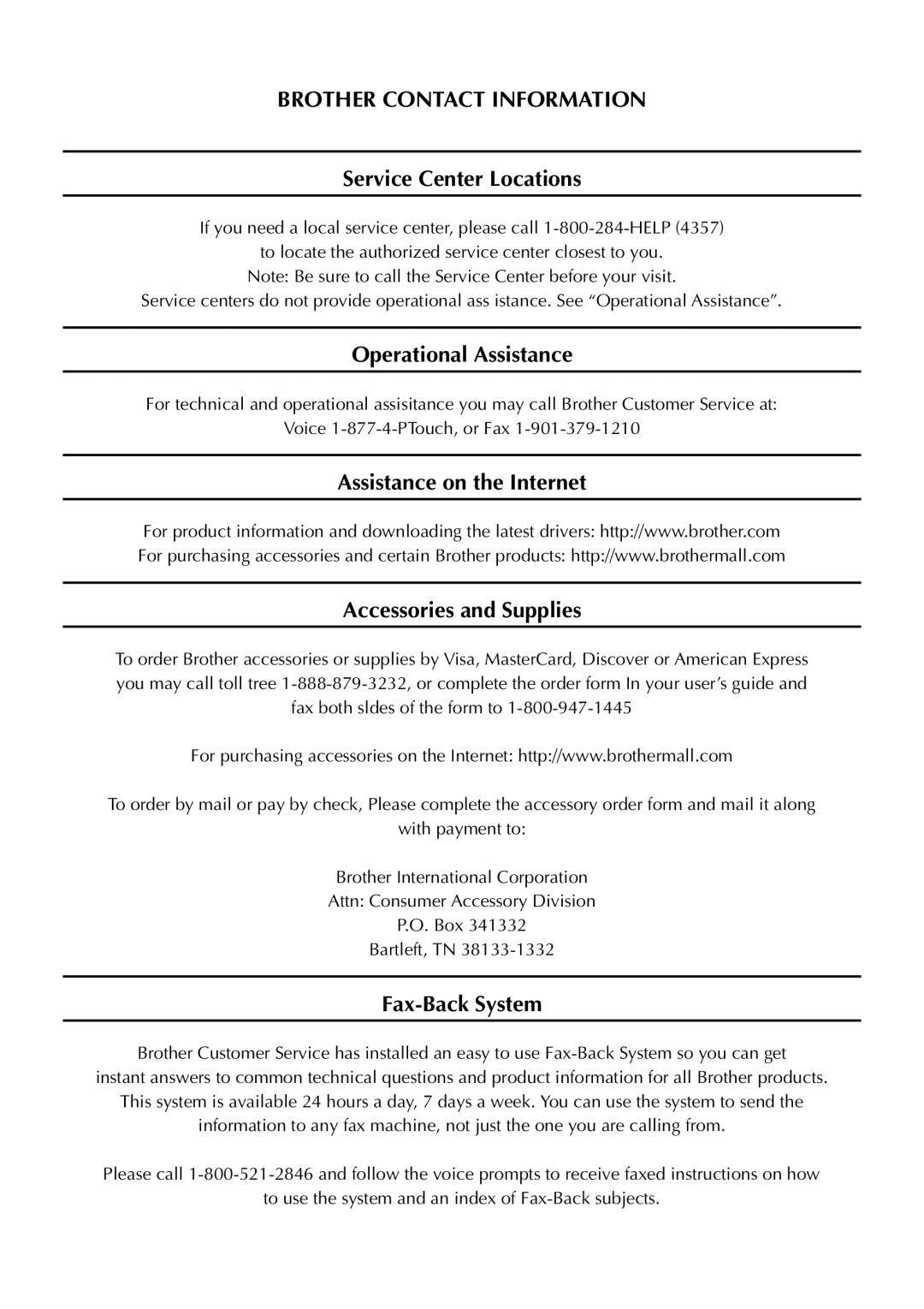 Brother P-touch 2300 manual Brother Contact Information, Service Center Locations, Operational Assistance, Fax-Back System 