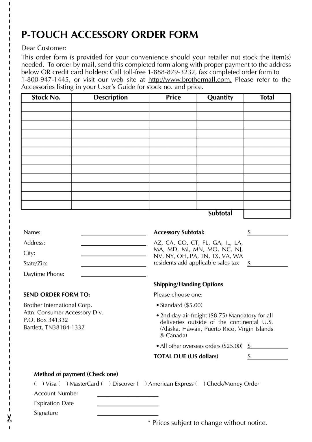 Brother P-touch 2310, P-touch 2300 manual Touch Accessory Order Form 