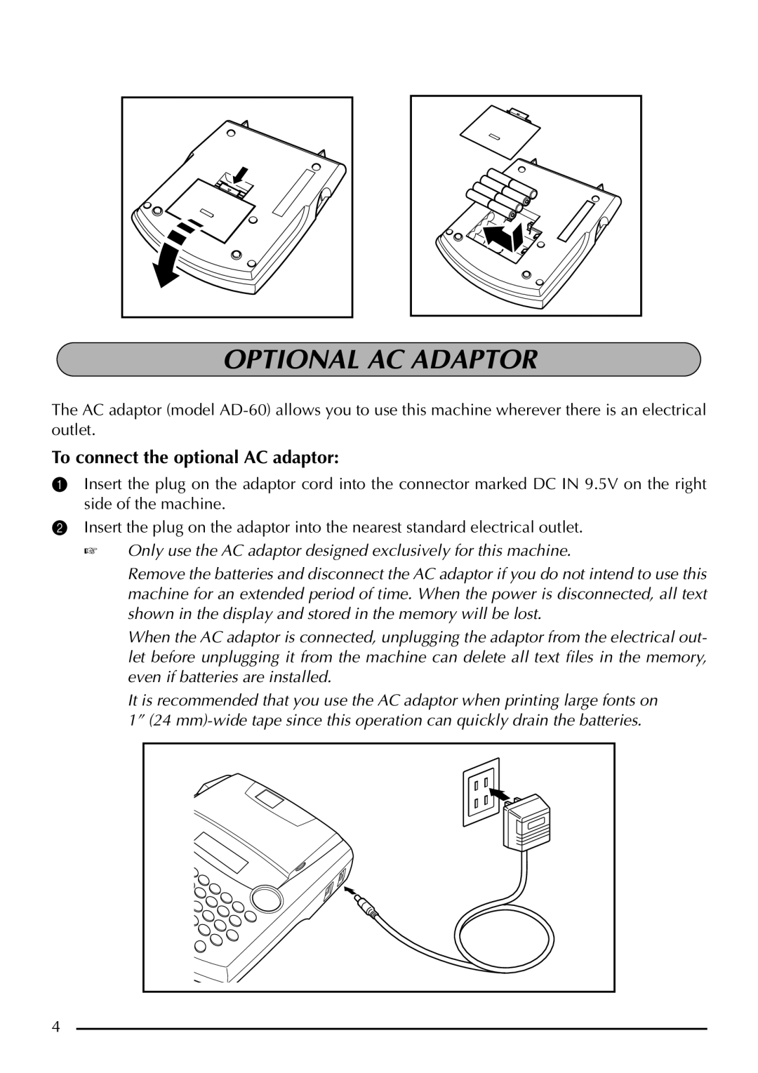 Brother P-touch 2300, P-touch 2310 manual Optional AC Adaptor, To connect the optional AC adaptor 