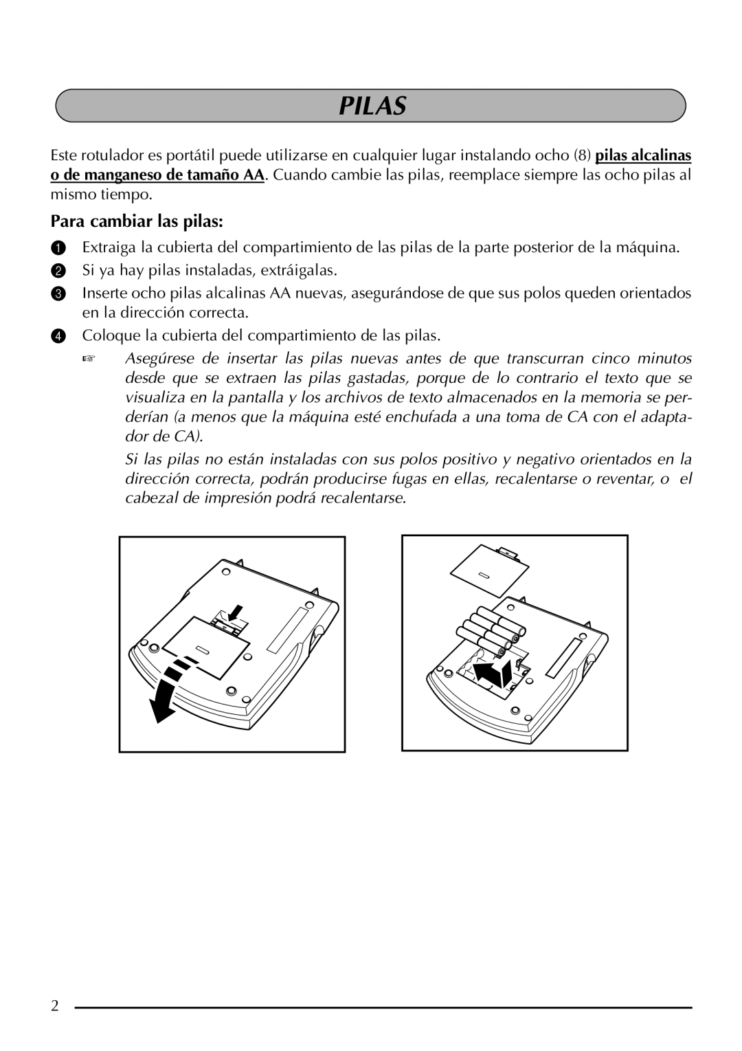 Brother P-touch 2310, P-touch 2300 manual Pilas, Para cambiar las pilas 