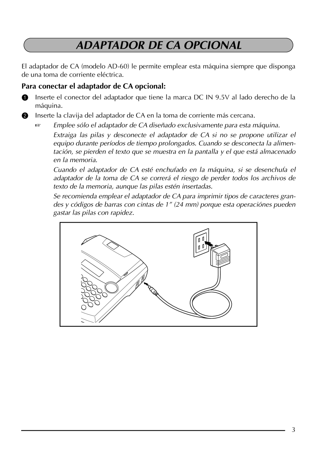 Brother P-touch 2300, P-touch 2310 manual Adaptador DE CA Opcional, Para conectar el adaptador de CA opcional 