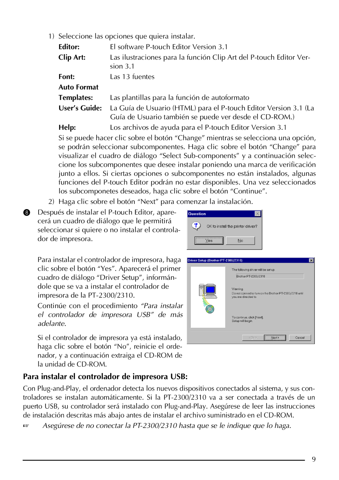 Brother P-touch 2300, P-touch 2310 manual Para instalar el controlador de impresora USB, Font 