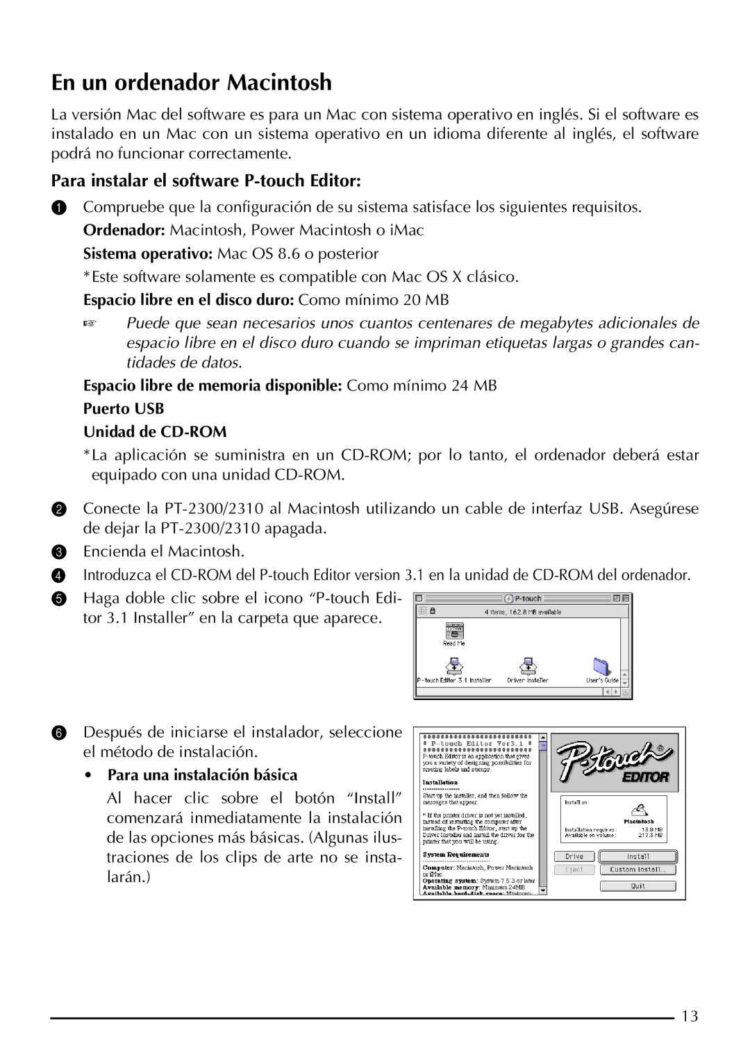 Brother P-touch 2300, P-touch 2310 manual En un ordenador Macintosh, Para una instalación básica 