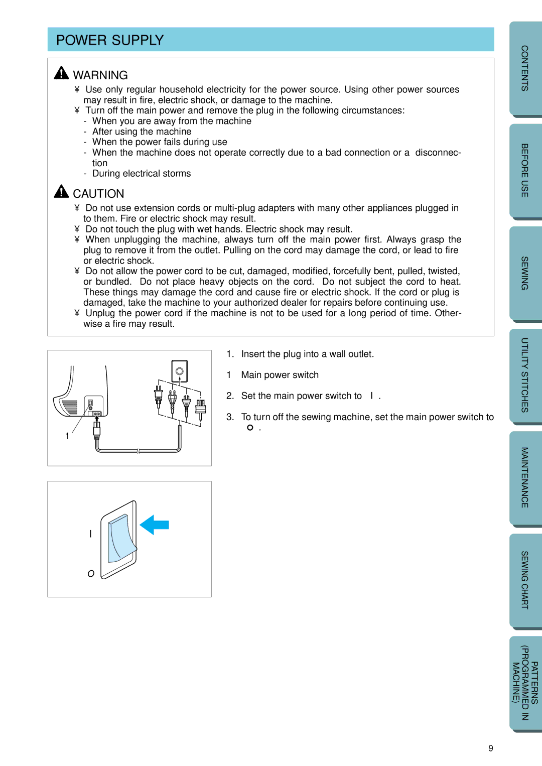 Brother PC-2800 operation manual Power Supply, Main power switch 