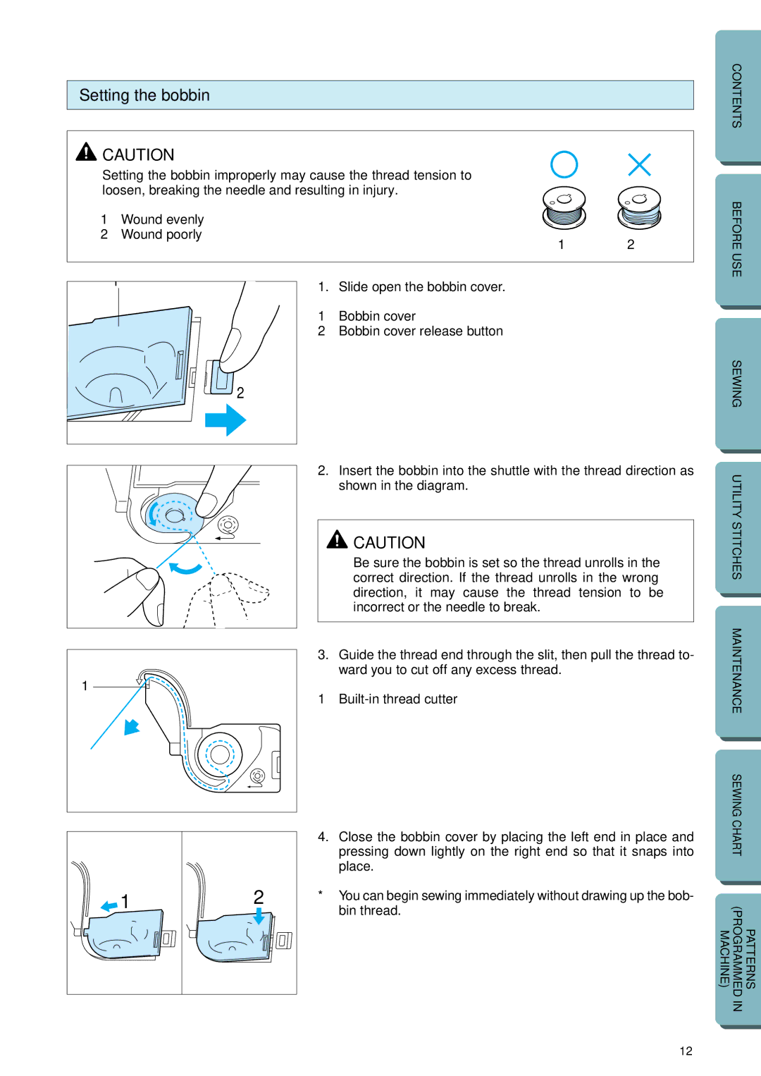 Brother PC-2800 operation manual Setting the bobbin, Bobbin cover Bobbin cover release button, Built-in thread cutter 