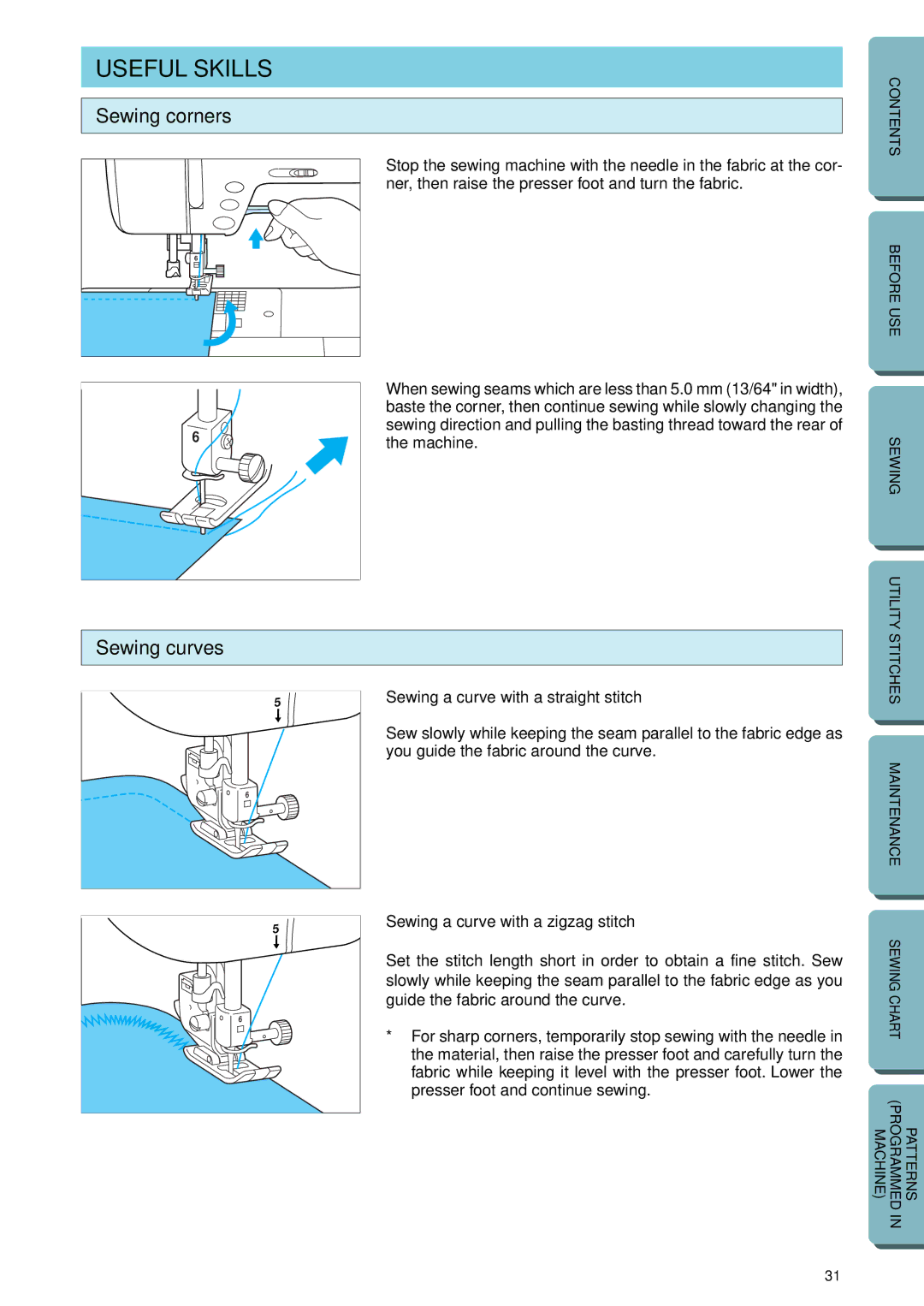 Brother PC-2800 operation manual Useful Skills, Sewing corners, Sewing curves, Sewing a curve with a straight stitch 