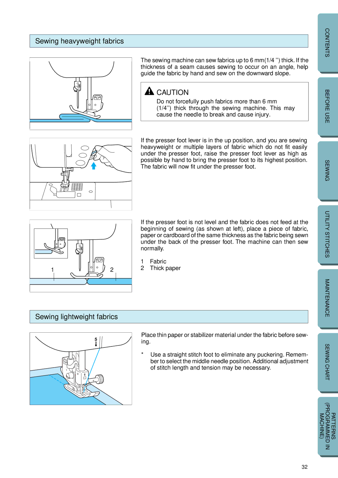 Brother PC-2800 operation manual Sewing heavyweight fabrics, Sewing lightweight fabrics, Fabric Thick paper 