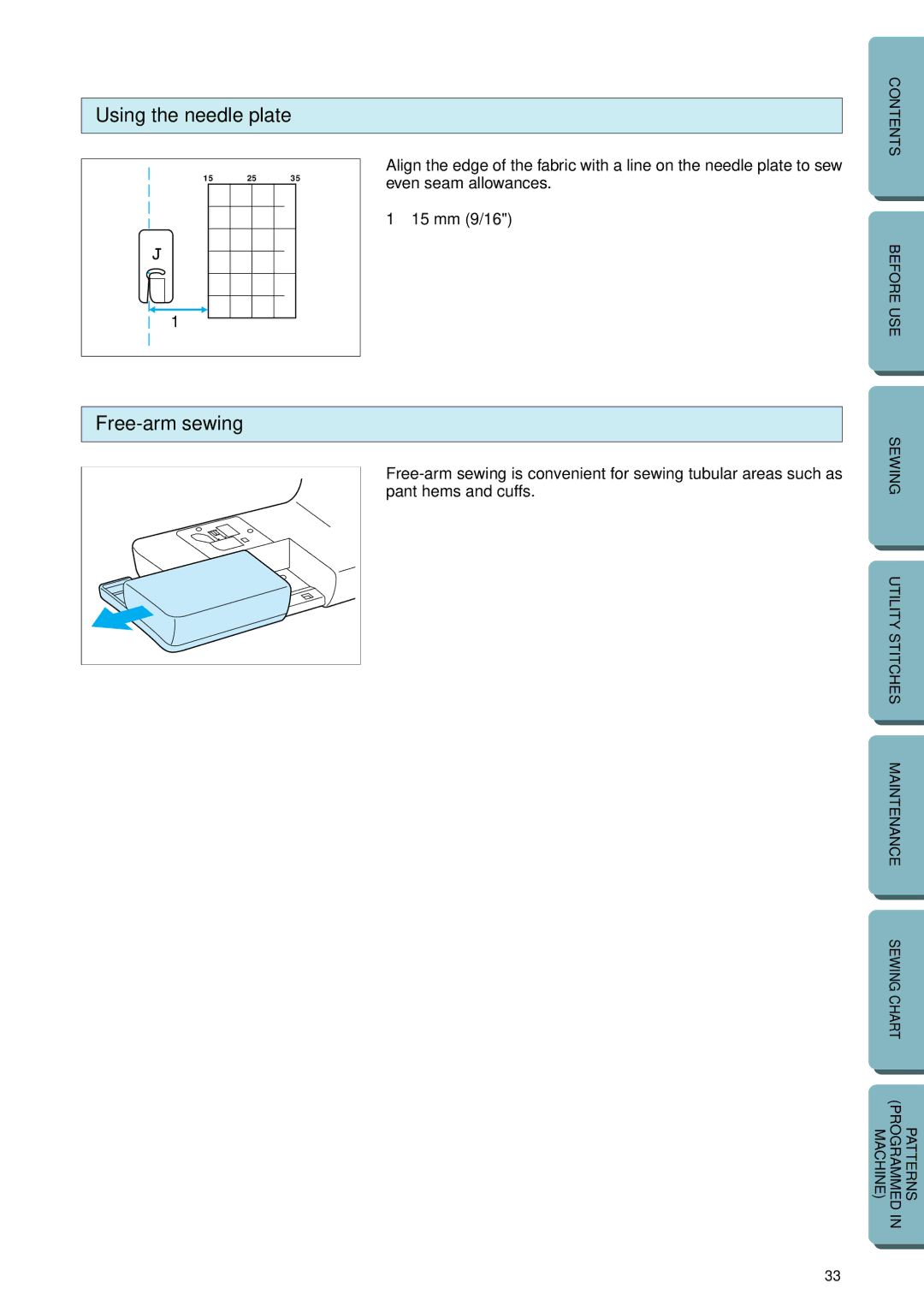 Brother PC-2800 operation manual Using the needle plate, Free-arm sewing, 15 mm 9/16 