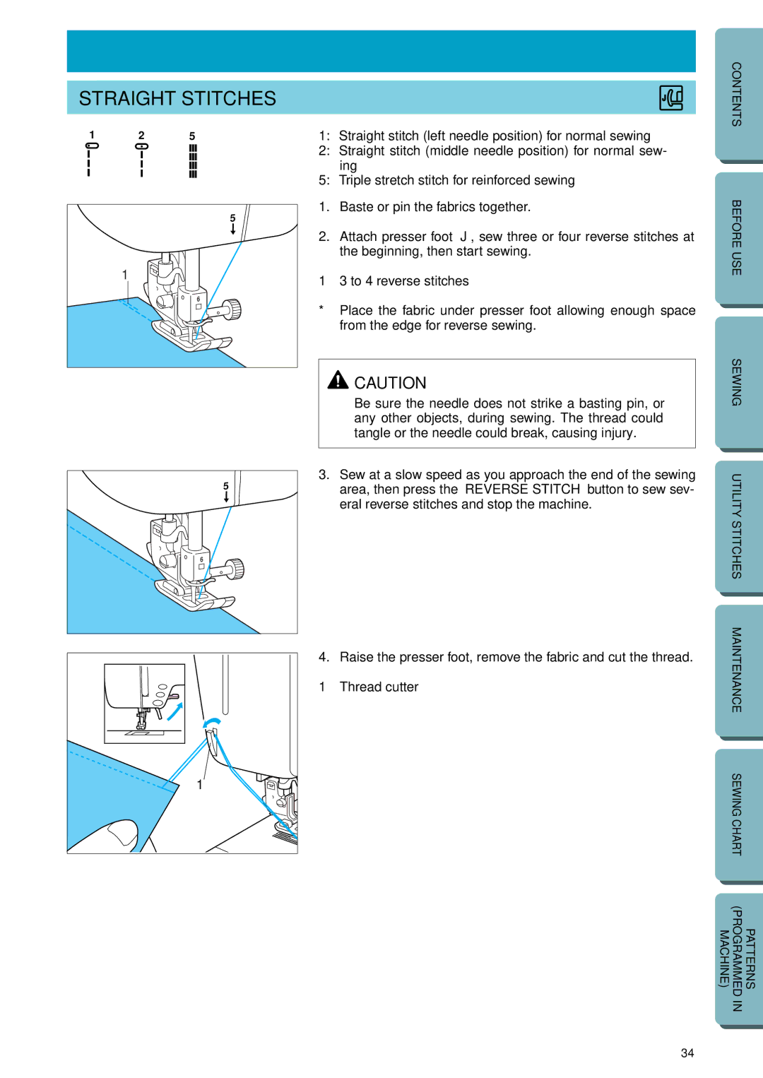 Brother PC-2800 operation manual Straight Stitches, To 4 reverse stitches 