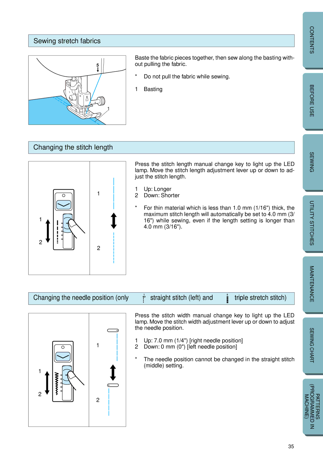 Brother PC-2800 operation manual Sewing stretch fabrics, Changing the stitch length, Basting 