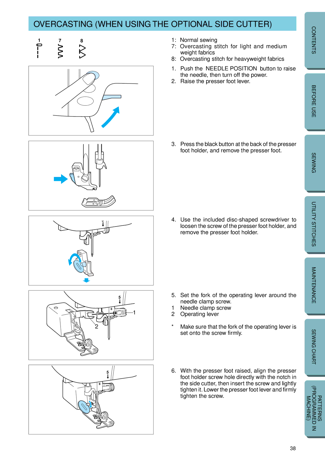 Brother PC-2800 operation manual Overcasting When Using the Optional Side Cutter, Needle clamp screw Operating lever 