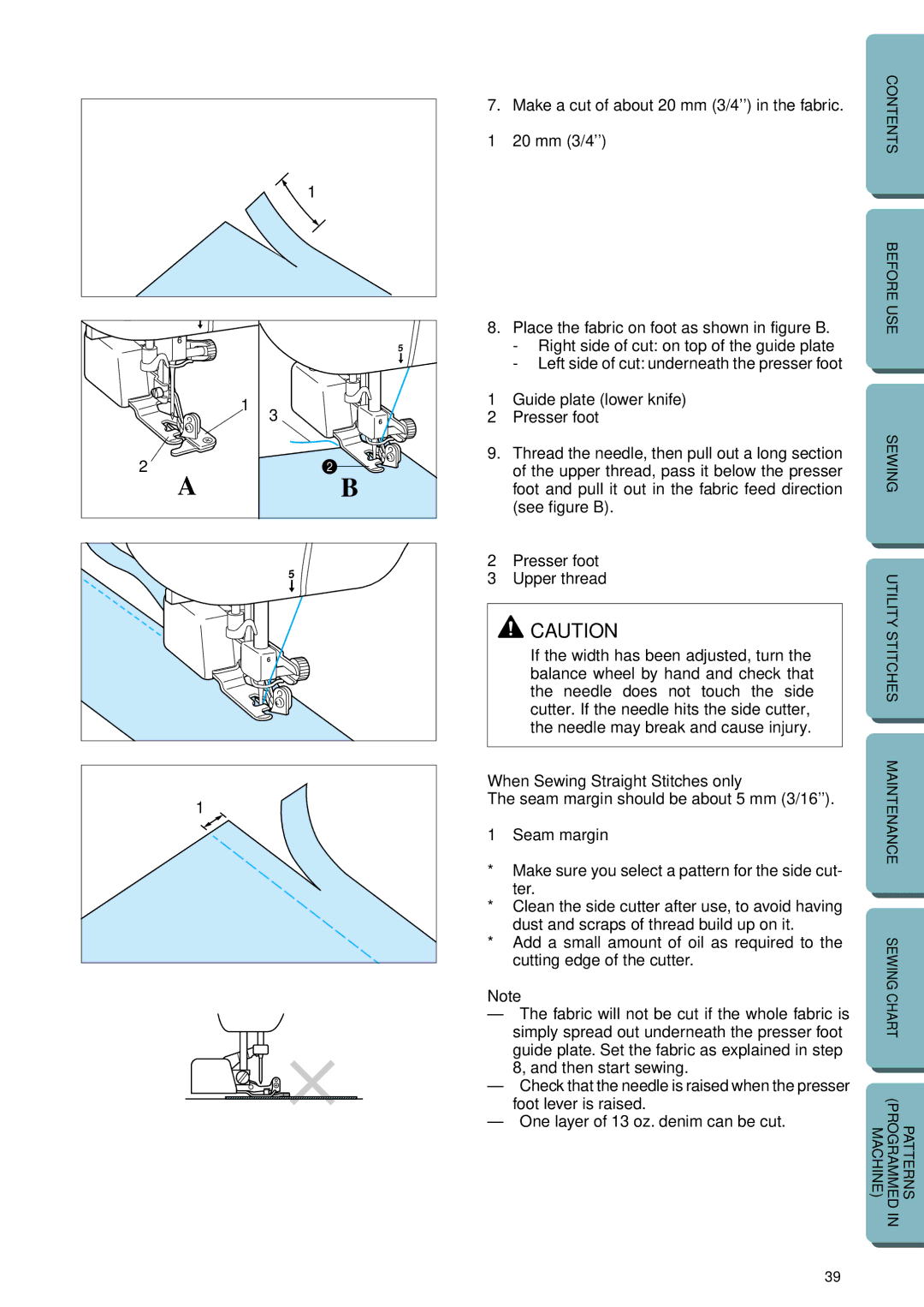 Brother PC-2800 operation manual 20 mm 3/4, Guide plate lower knife Presser foot, Seam margin 