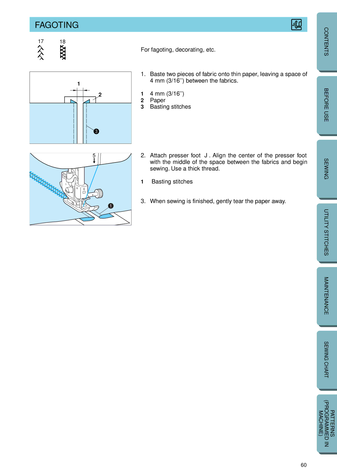 Brother PC-2800 operation manual Fagoting, For fagoting, decorating, etc, Mm 3/16 Paper Basting stitches 