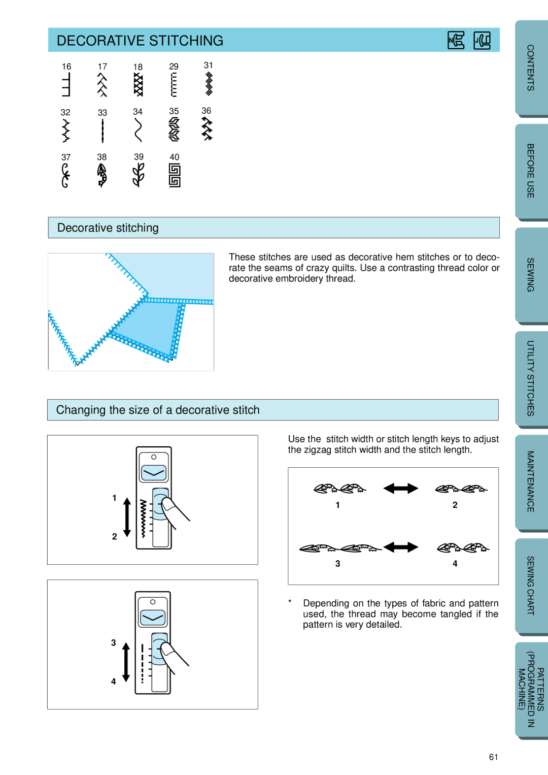 Brother PC-2800 operation manual Decorative Stitching, Decorative stitching, Changing the size of a decorative stitch 