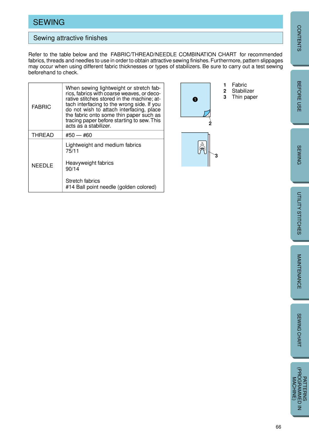 Brother PC-2800 operation manual Sewing attractive finishes, Stabilizer, Thin paper 