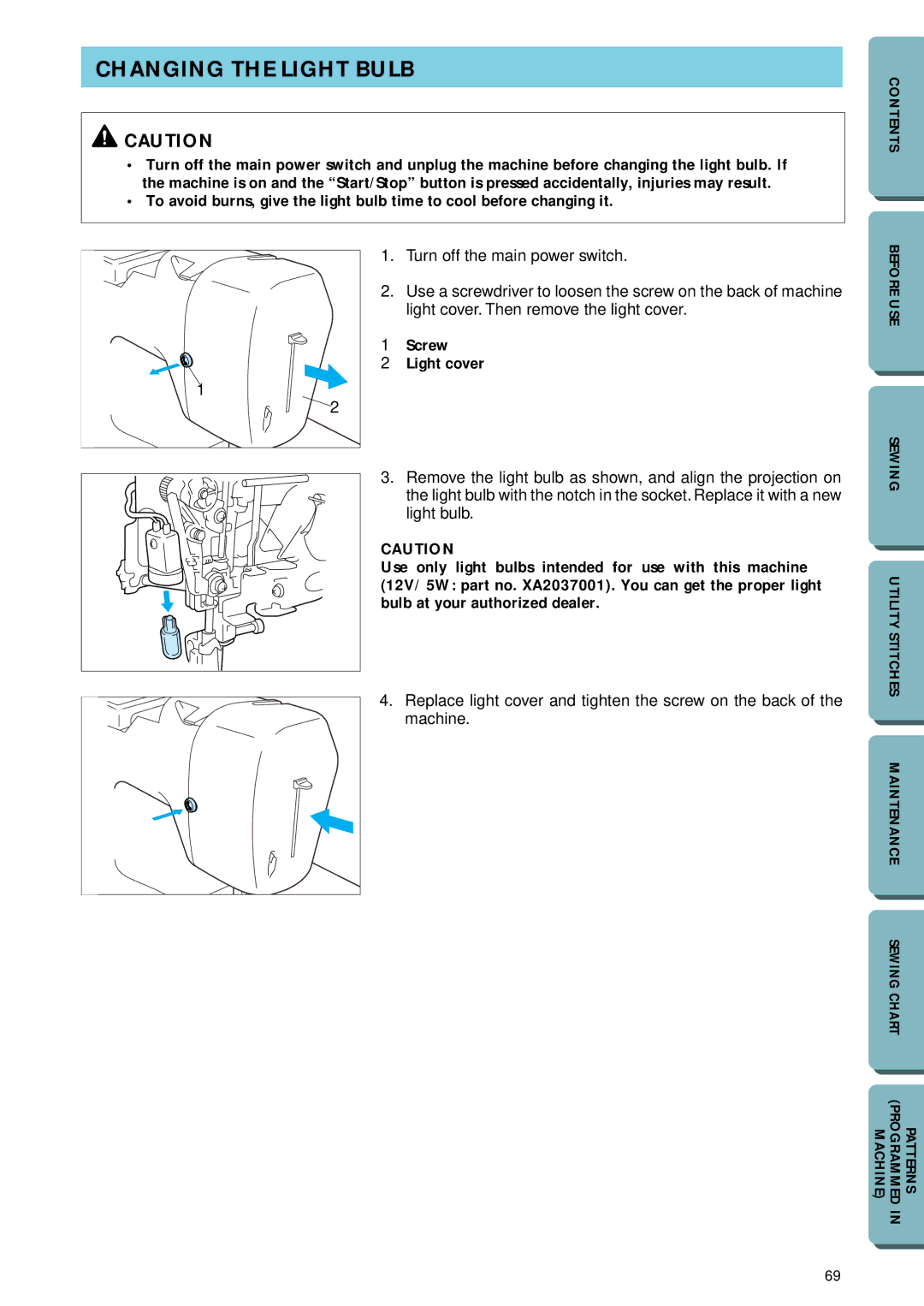 Brother PC-2800 operation manual Changing the Light Bulb, Screw Light cover 