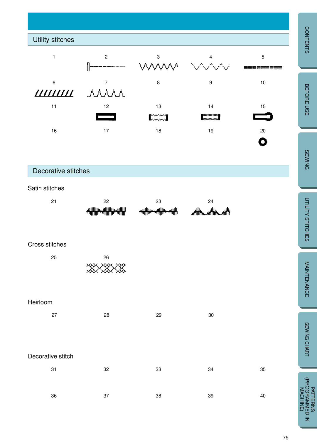 Brother PC-2800 operation manual Patterns Programmed in Machine, Utility stitches Decorative stitches 