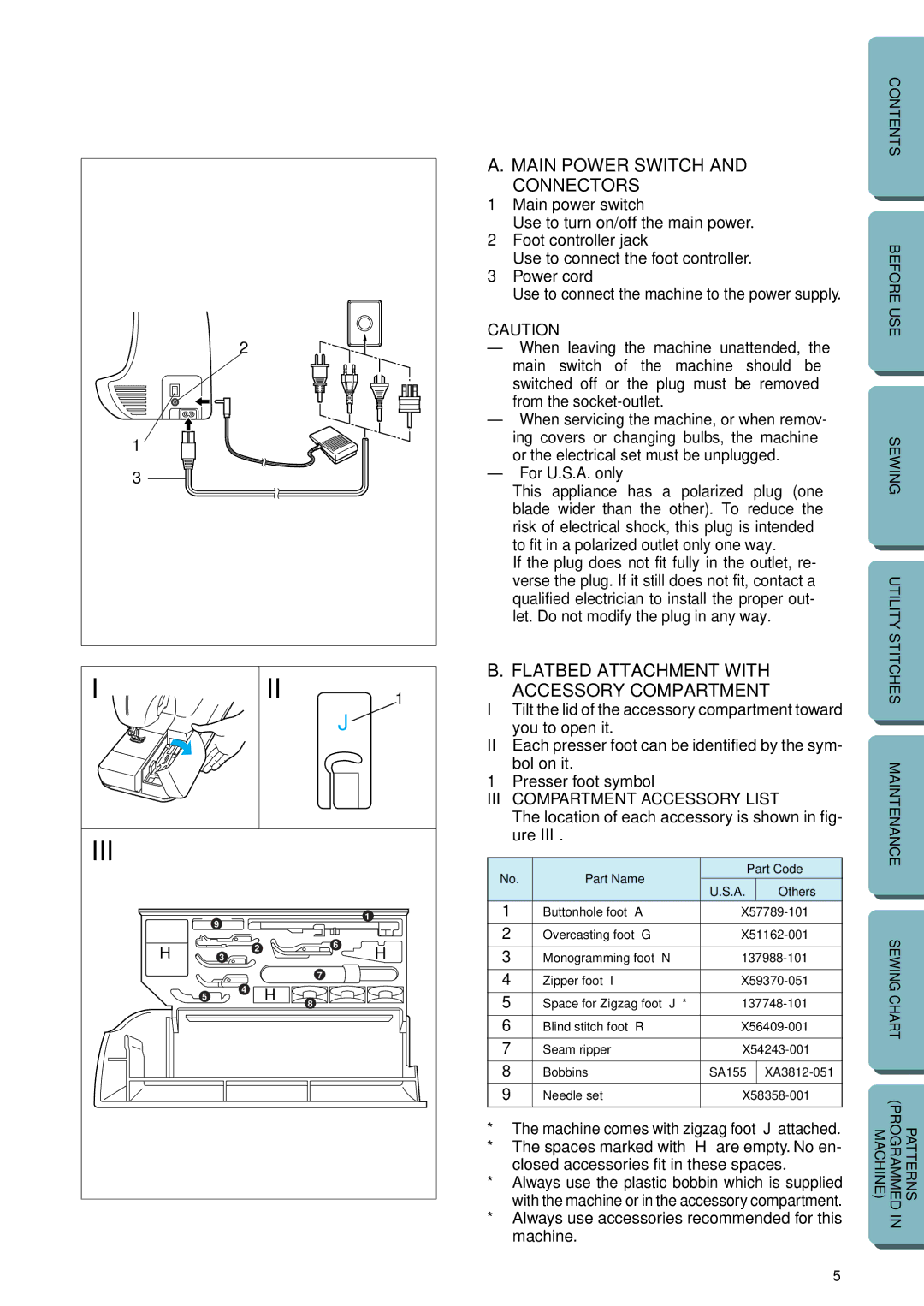 Brother PC-2800 operation manual Main power switch, Foot controller jack, Power cord, For U.S.A. only, Presser foot symbol 