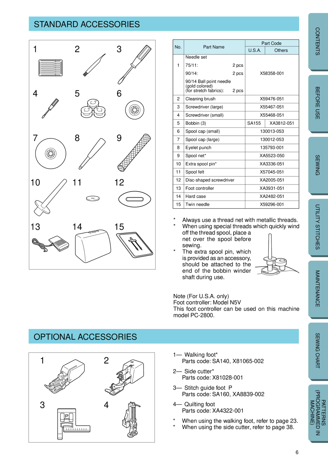 Brother PC-2800 operation manual Standard Accessories Optional Accessories 