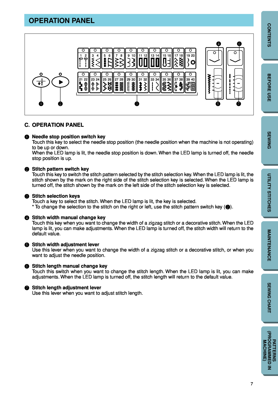 Brother PC-2800 C. Operation Panel, Needle stop position switch key, Stitch pattern switch key, Stitch selection keys 