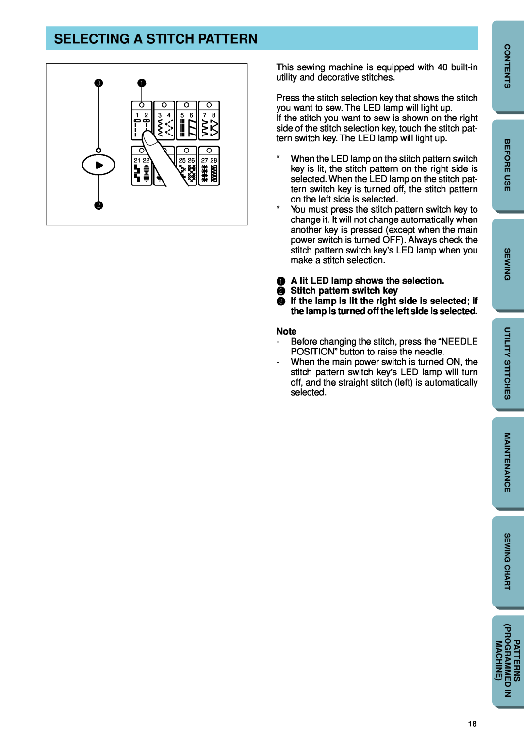 Brother PC-2800 operation manual Selecting A Stitch Pattern, A lit LED lamp shows the selection 2 Stitch pattern switch key 